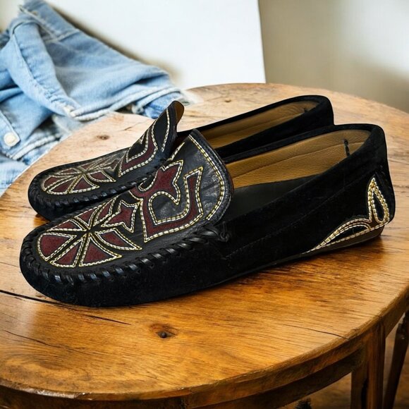 Isabel Marant Finha Luxe Embroidered Black Suede Moccasins Boho Loafers Size 6 - Picture 1 of 7